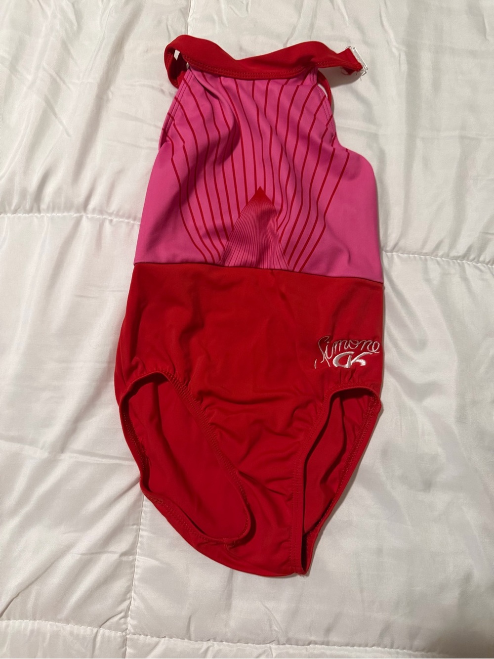 CK Simone Red and Pink Colorblock One-Piece Gymnastics Leotard child medium